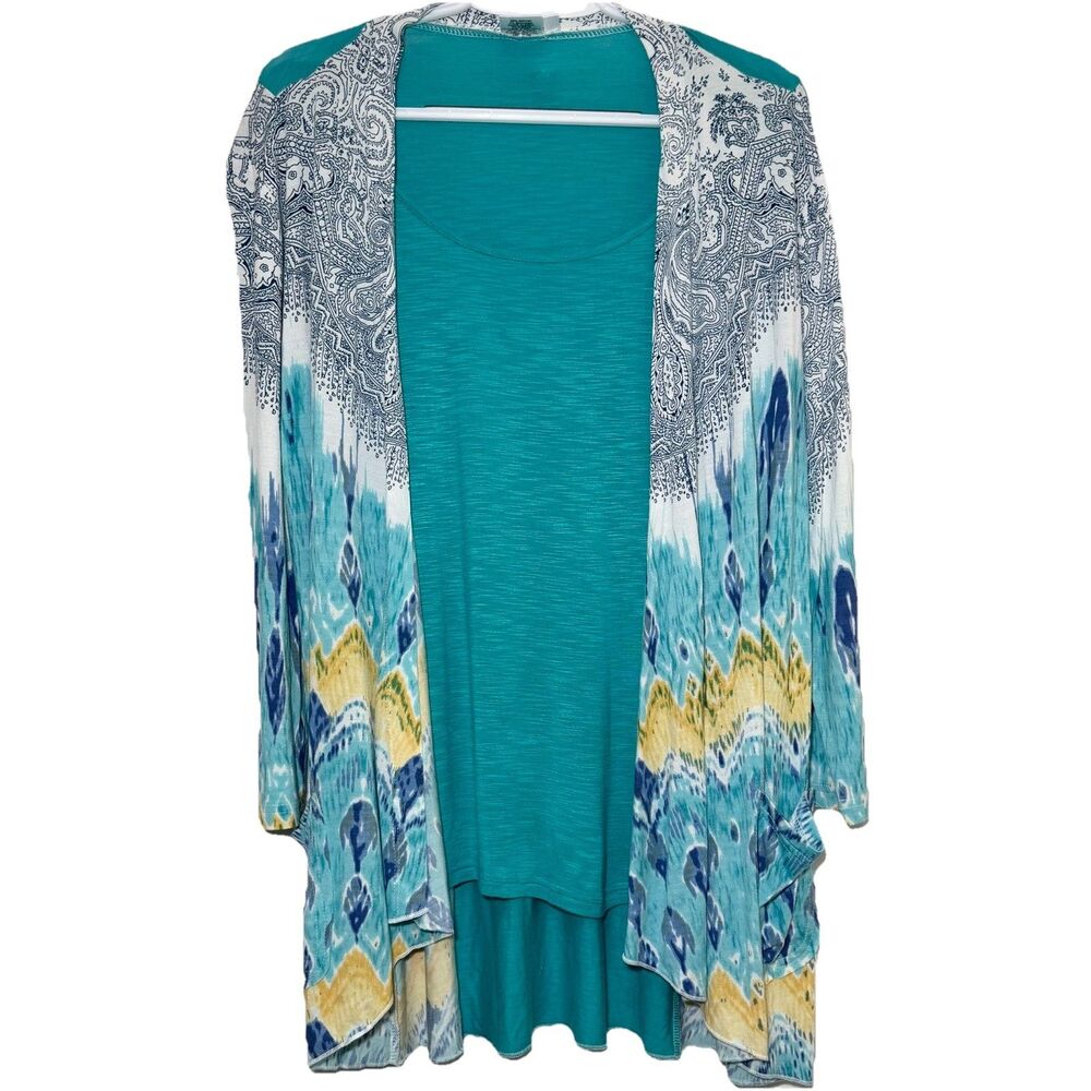 Parsley & Sage Medium Teal Layered Open Front Tunic Top Paisley Long Sleeve
